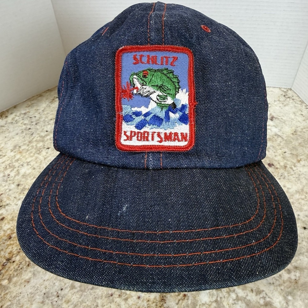 Vintage Schlitz Beer Sportsman Denim Snapback Bass Fishing Hat 1970s 80s Ballcap